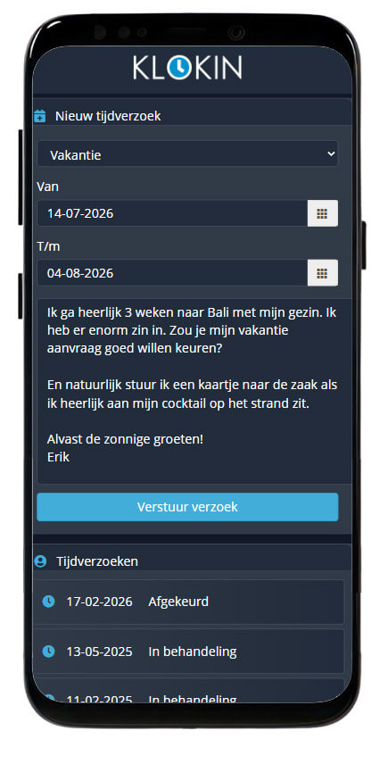 Vakantie en verlof aanvragen via de Klokin App