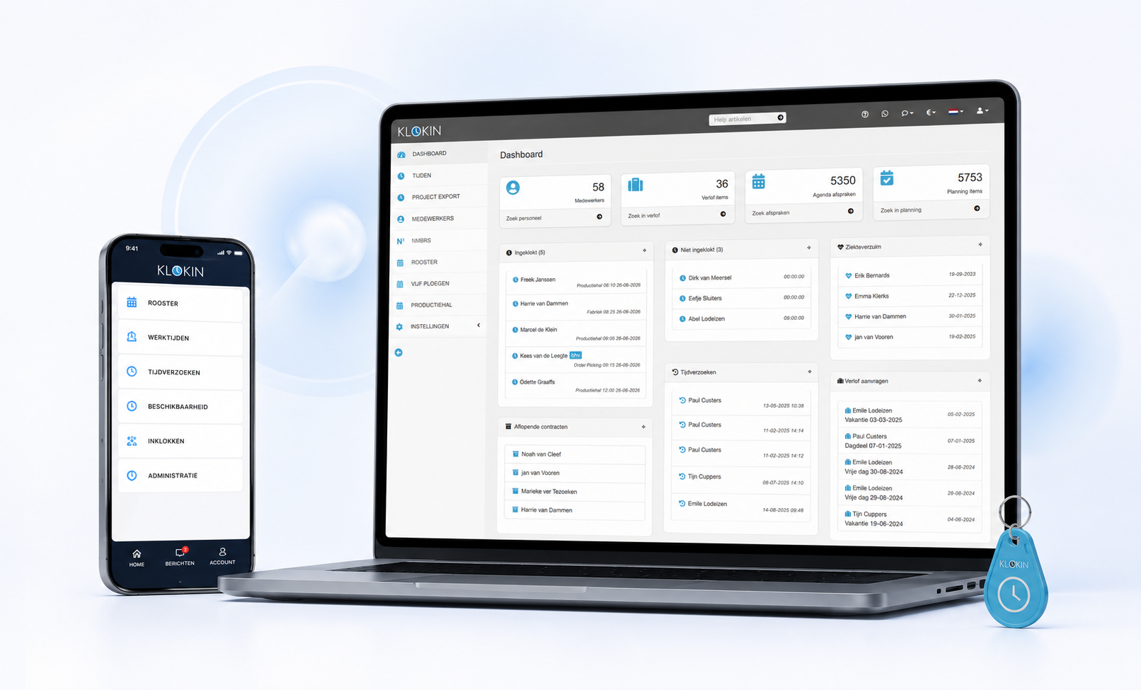 Klokin kloksysteem met dashboard en app